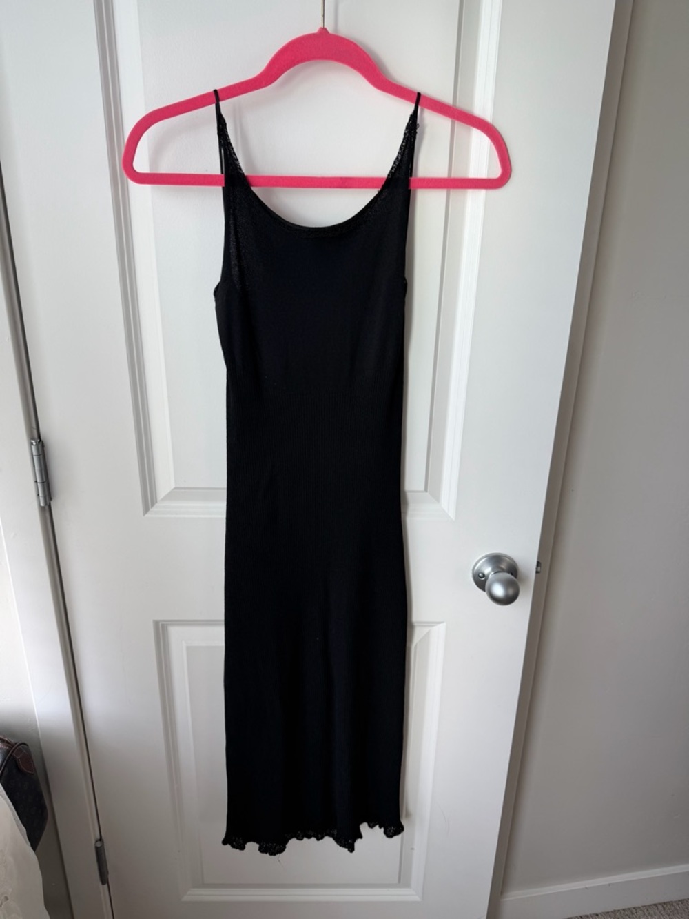 Black Slim Slip Dress with Lace Trim